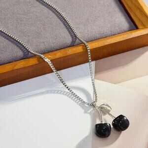 NEW Silver Necklace with Black Cherry Charm, Cherry Jewelry, Retro Jewelry, y2k
